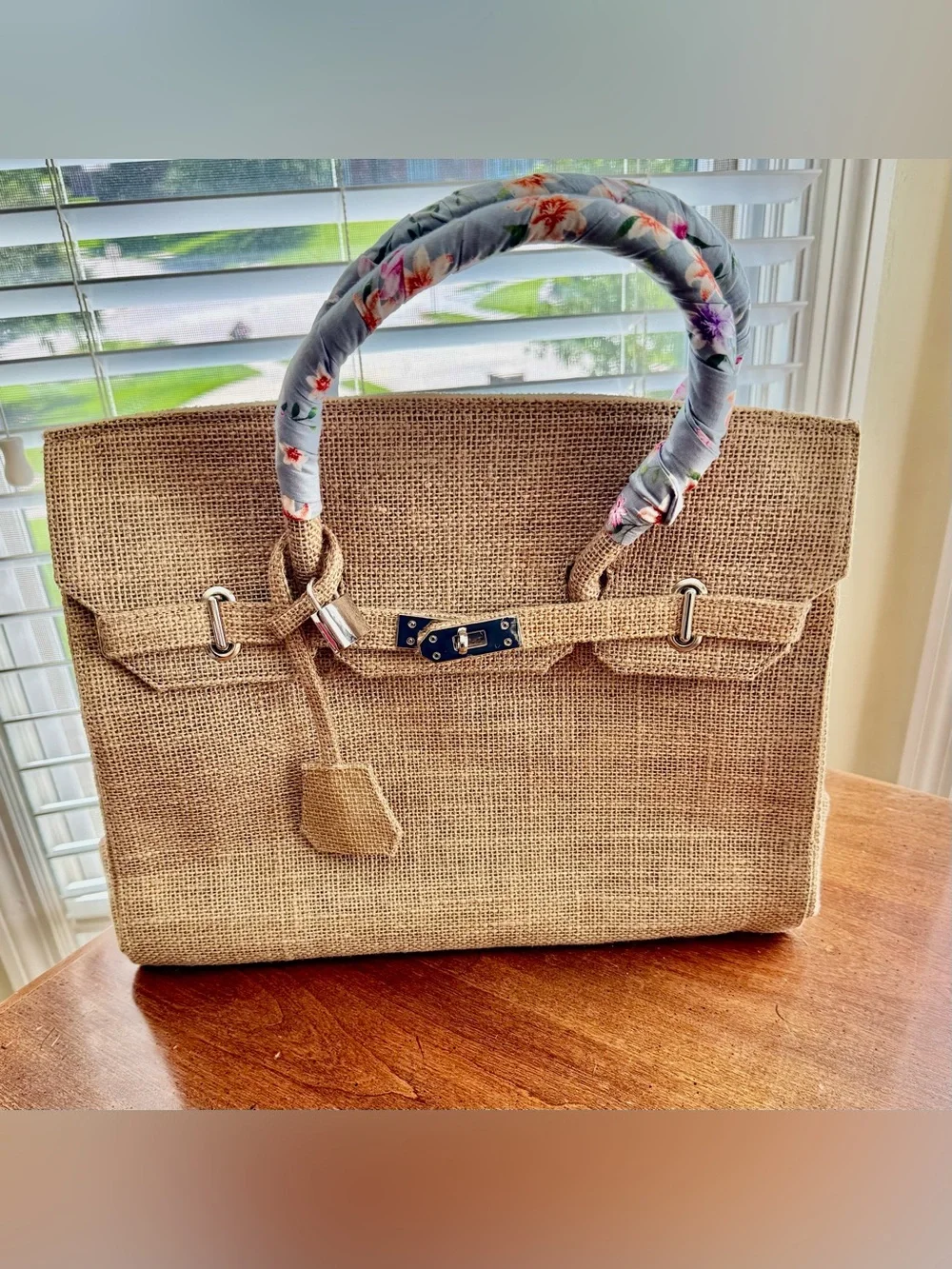 Birkin Style 35 Double Handle Satchel Tote - Natural Jute/Burlap - Picture 2 of 7